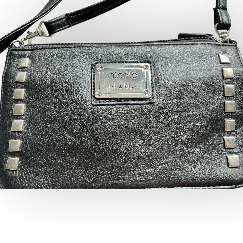Nicole Miller Black and Silver Crossbody Bag with Stud Detailing - Picture 2 of 5